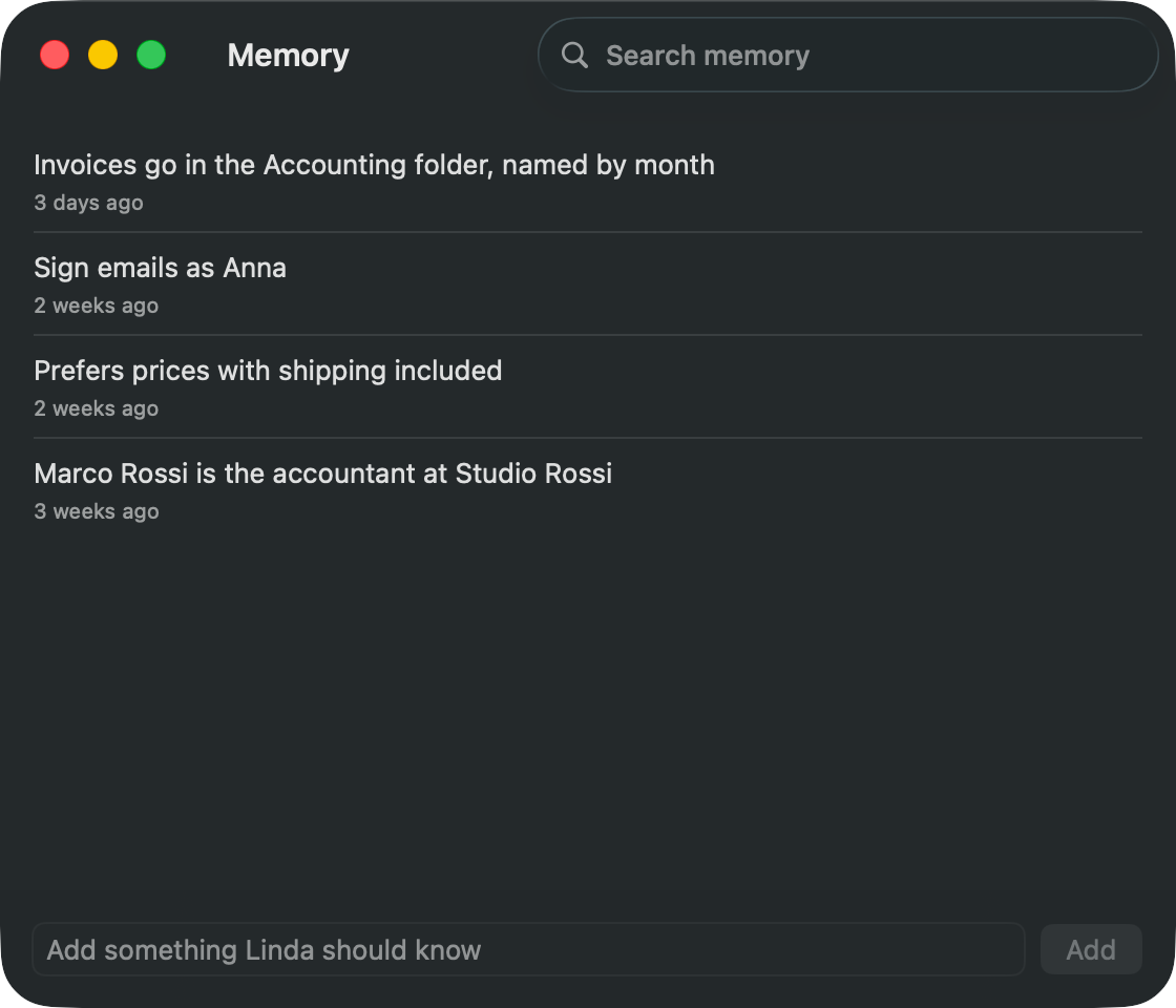Memory: facts Linda keeps, searchable and editable