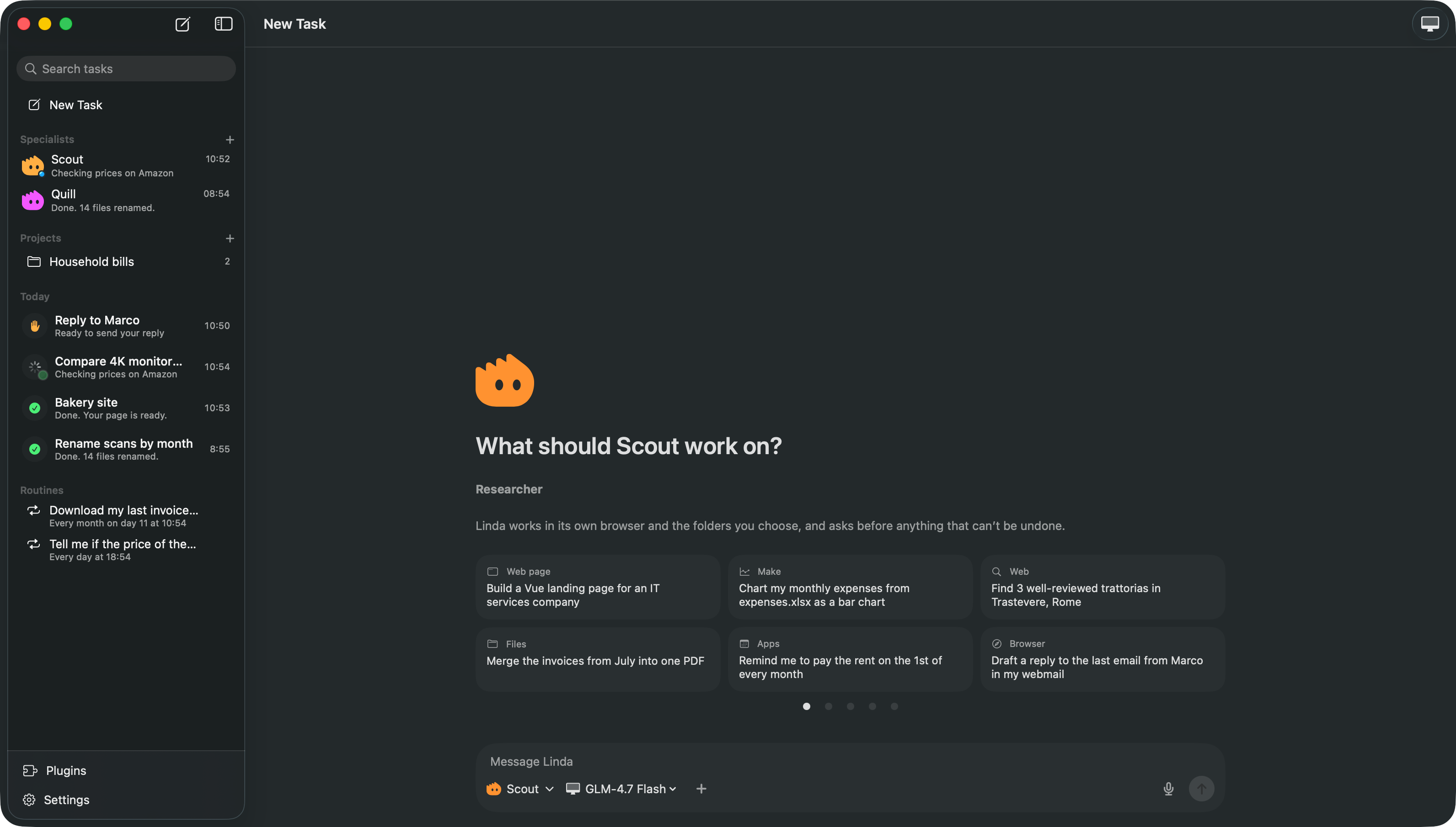 Home with Scout chosen: What should Scout work on? Researcher, with Scout and Quill in the sidebar
