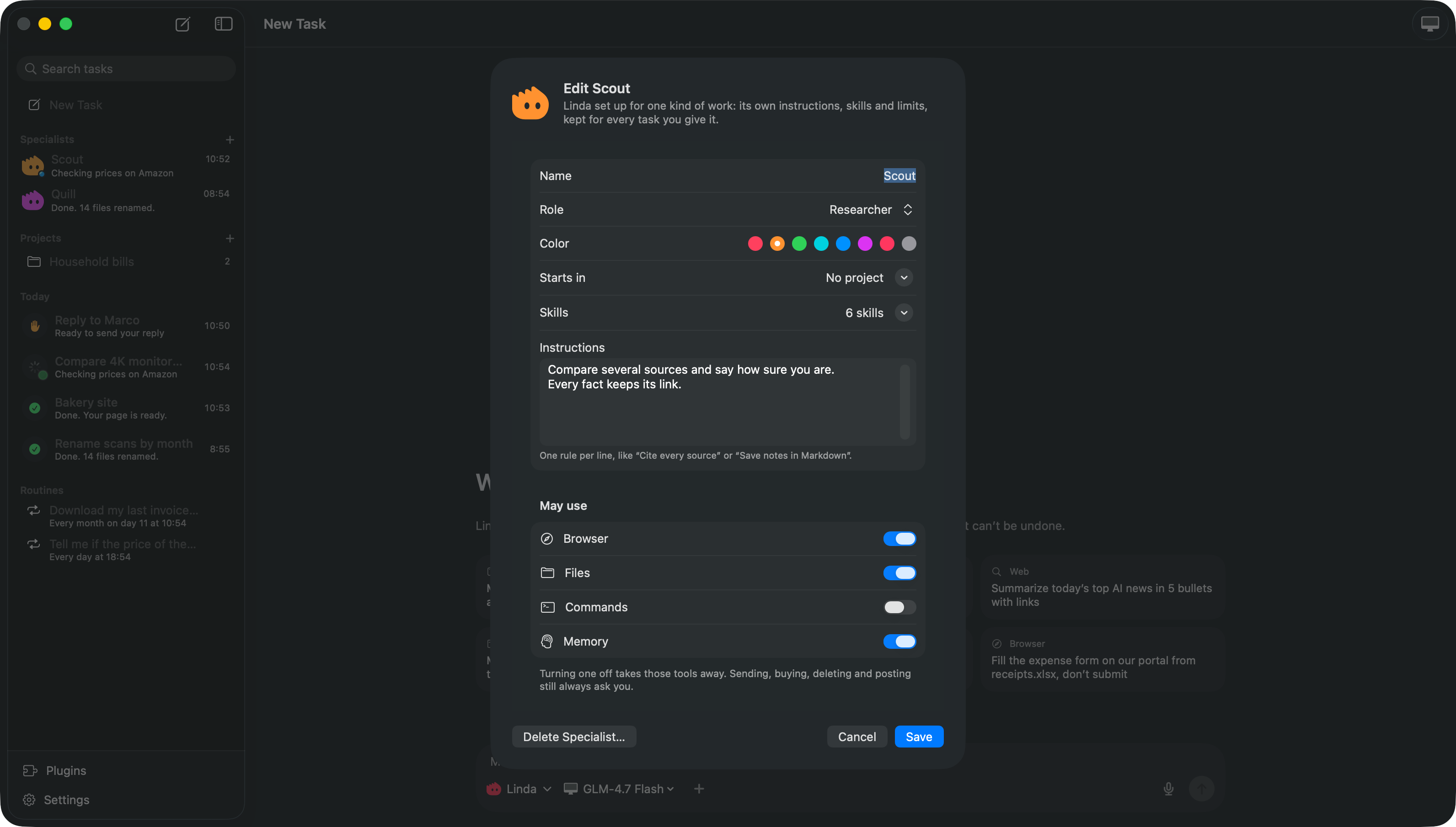 Edit Scout: name, role Researcher, color, Starts in, 6 skills, instructions and May use switches
