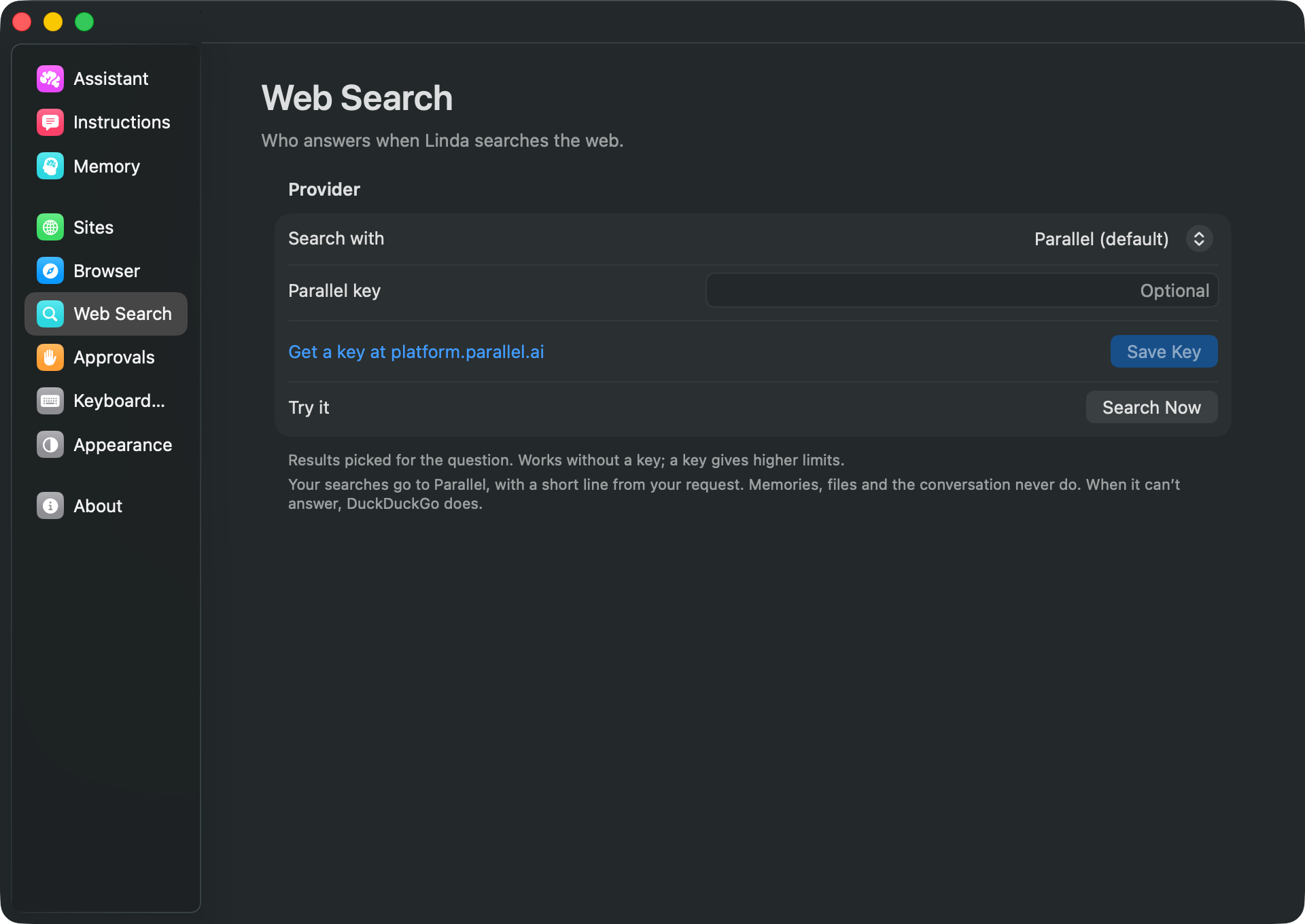 Settings › Web Search: Parallel (default), an optional key, Search Now
